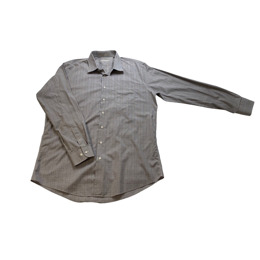 Nordstrom Smartcare Mens Trim Fit Dress Shirt Grey Glen Plaid 17.5 36-37 Cotton